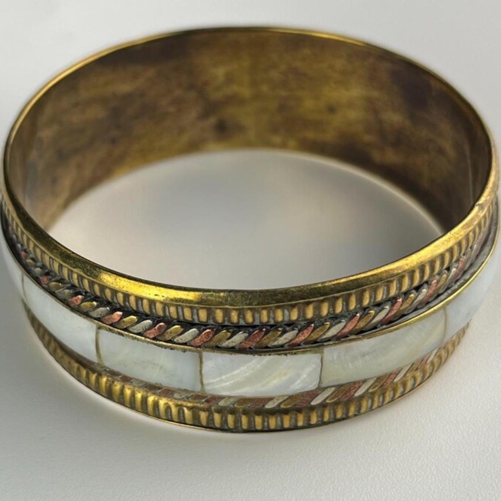 Vintage Brass Bangle | Bone Inlay, African Statement Jewelry - Picture 1 of 5